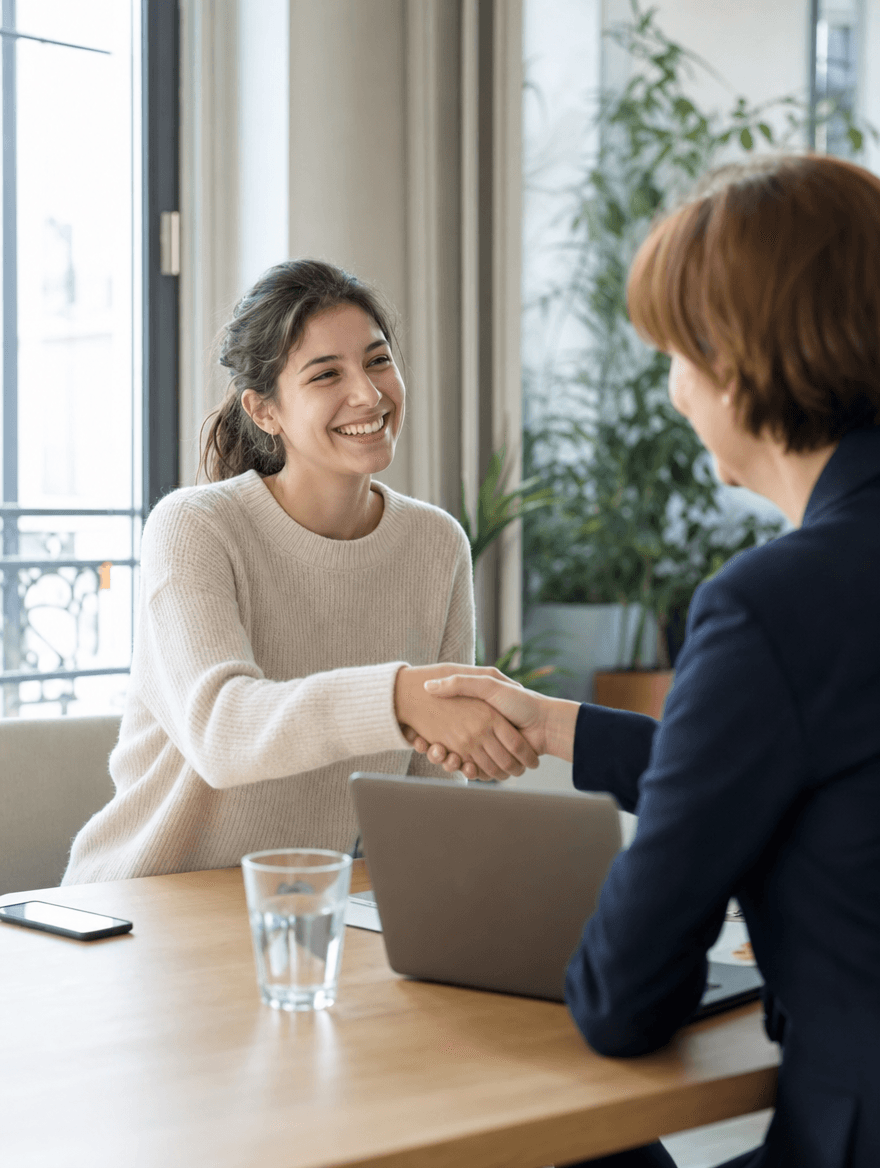 Poignée de main entre une candidate et une recruteuse : le match devient réel